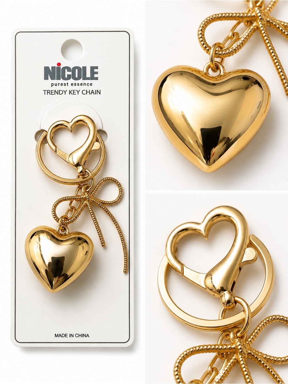 NICOLE Gold Heart Keychain Bag Charm Bow Accent NWT - Picture 4 of 4